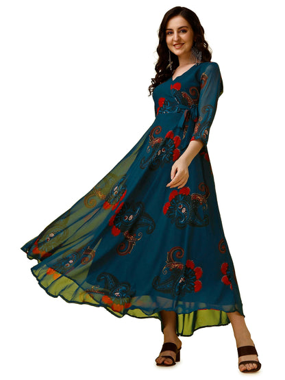 Fashion2Wear WomenS Georgette Casual Floral Digital Print V-Neck 3/4 Sleeve Knee-Length Fit & Flare Long Maxi Gown Dress For Gi