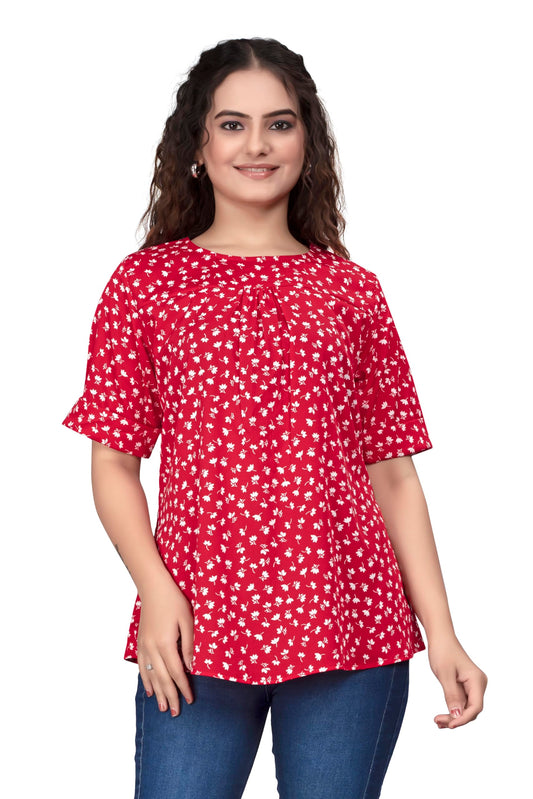 PATLANI Womens Red Floral Printrd Fullstitched Crepe Top.