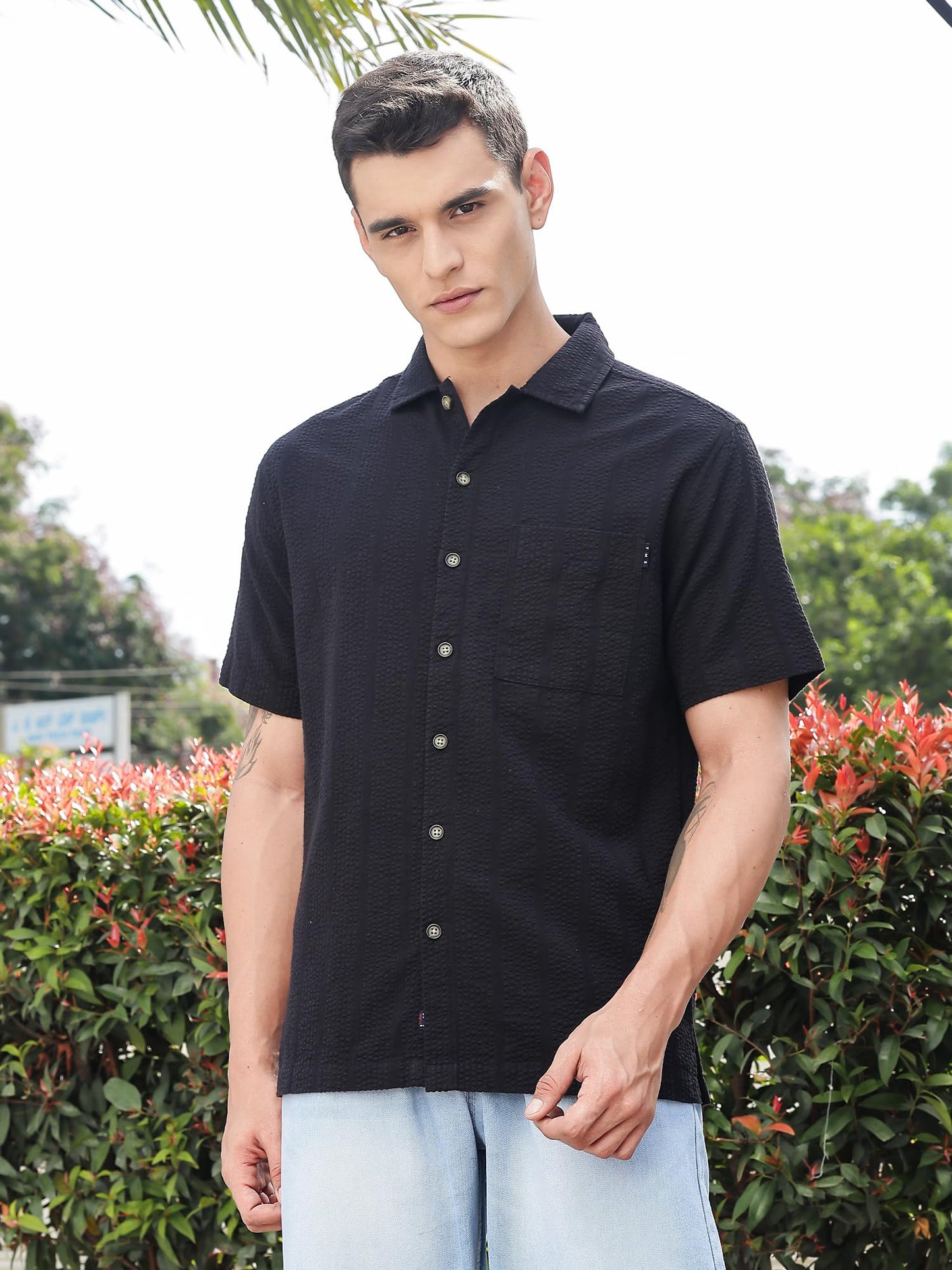 Thomas Scott Mens | Stripes | Seer Sucker Fabric | Spread Collar | Half Sleeve | Casual | Shirts for Men Black