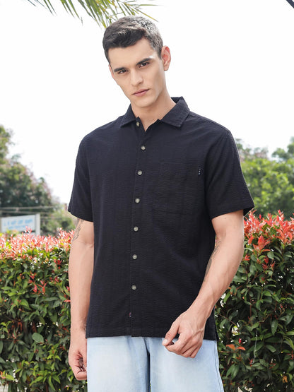 Thomas Scott Mens | Stripes | Seer Sucker Fabric | Spread Collar | Half Sleeve | Casual | Shirts for Men Black