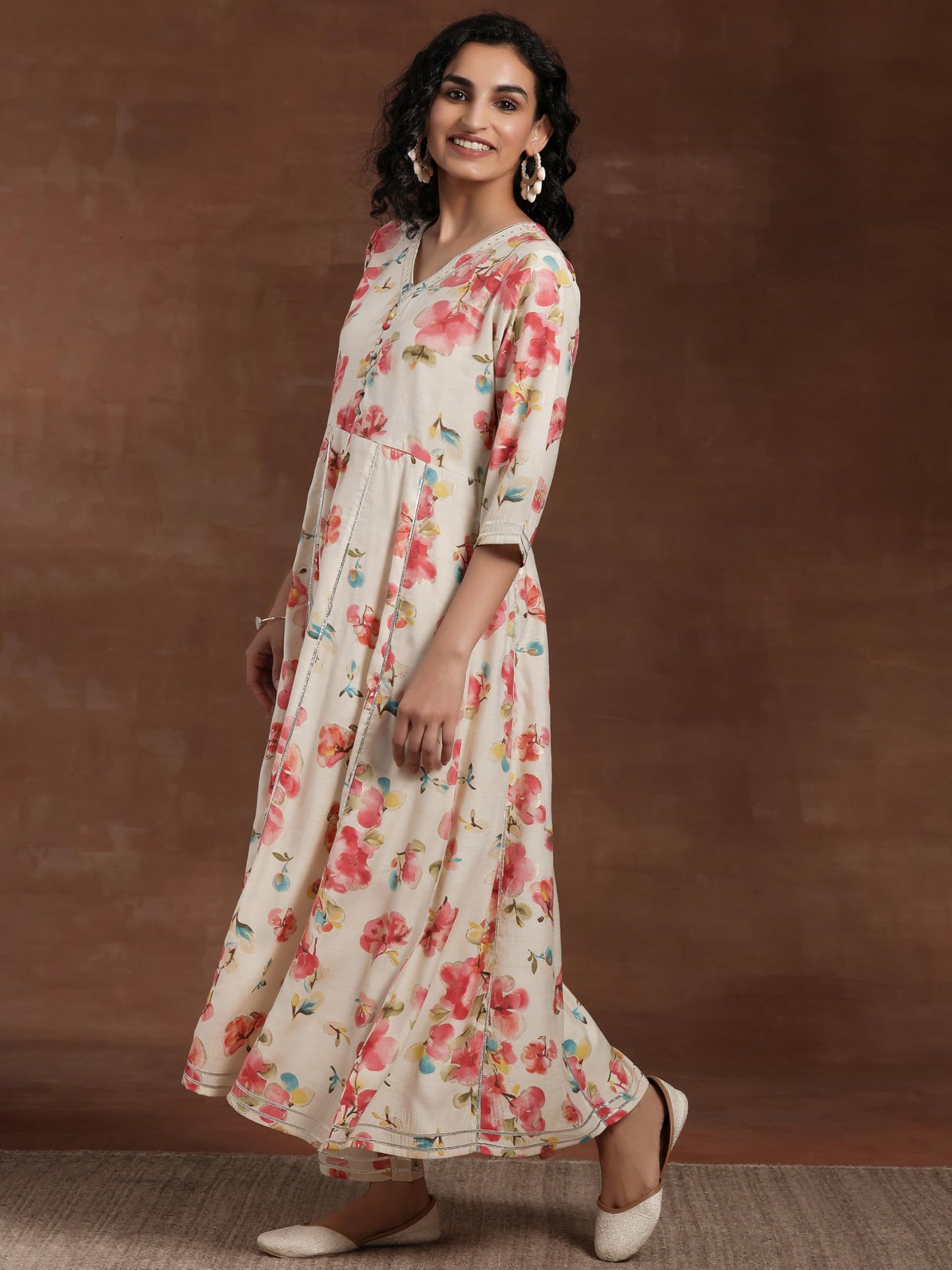 Libas Off White Printed Silk Blend Anarkali Kurta With Trousers