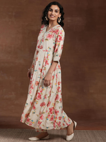 Libas Off White Printed Silk Blend Anarkali Kurta With Trousers