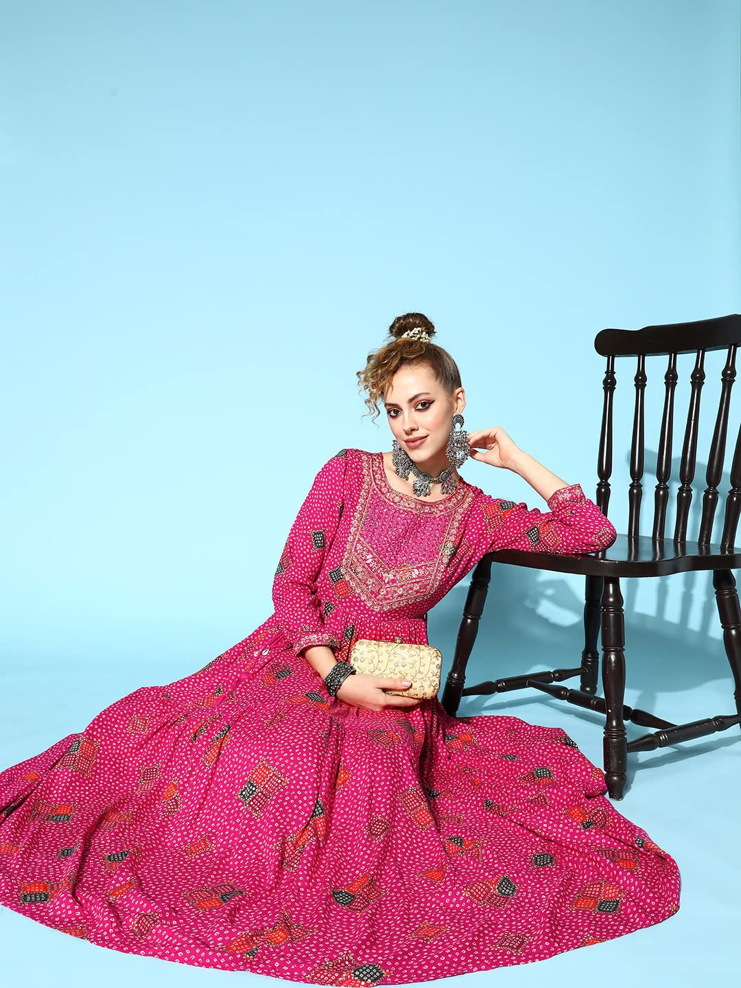 ishin Women's Rayon Pink Bandhani Print Embroidered Anarkali Kurta