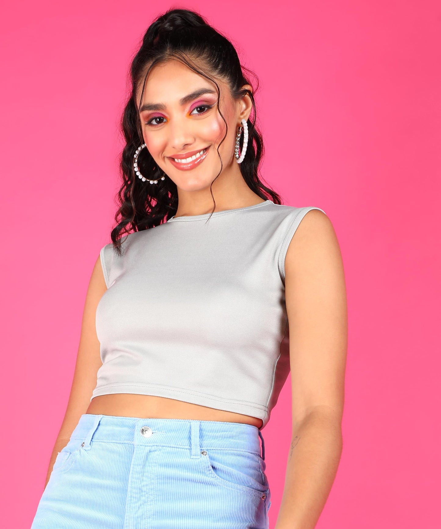 POPWINGS Casual Self-Design Round-Neck Sleeveless Crop Top for Women || Summer Wear Crop Tops for Women || Latest Stylish Wester