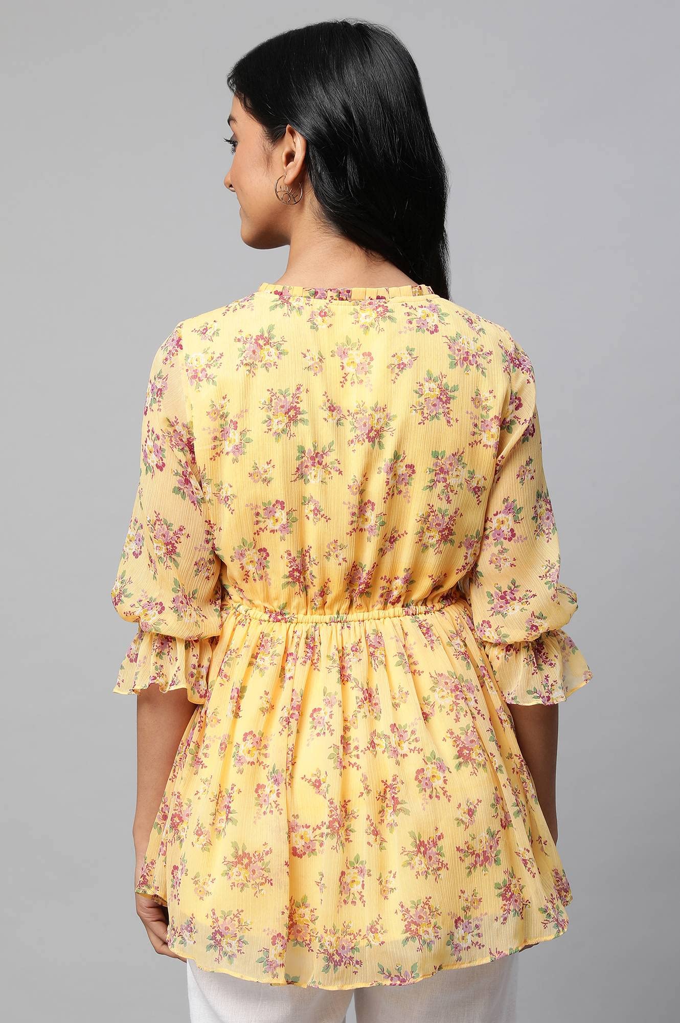 Yellow Floral Print Flared Short Chiffon Kurti