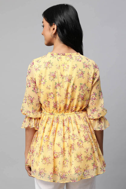Yellow Floral Print Flared Short Chiffon Kurti