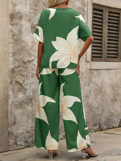 Shasmi Womens Casual Elegant Green Floral Printed Batwing V-Neck Blouse, Sleeve Shirt, Wide Long Pants for Ladies 2pcs/Set, Spr