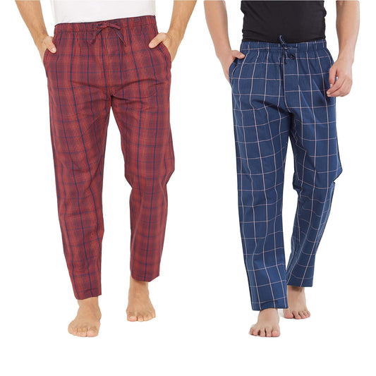 XYXX Mens Super Combed Cotton Checkered Checkmate Pyjamas [Pack of 2] Elasticated Waist, Drawstring | Loungewear for Men in Red