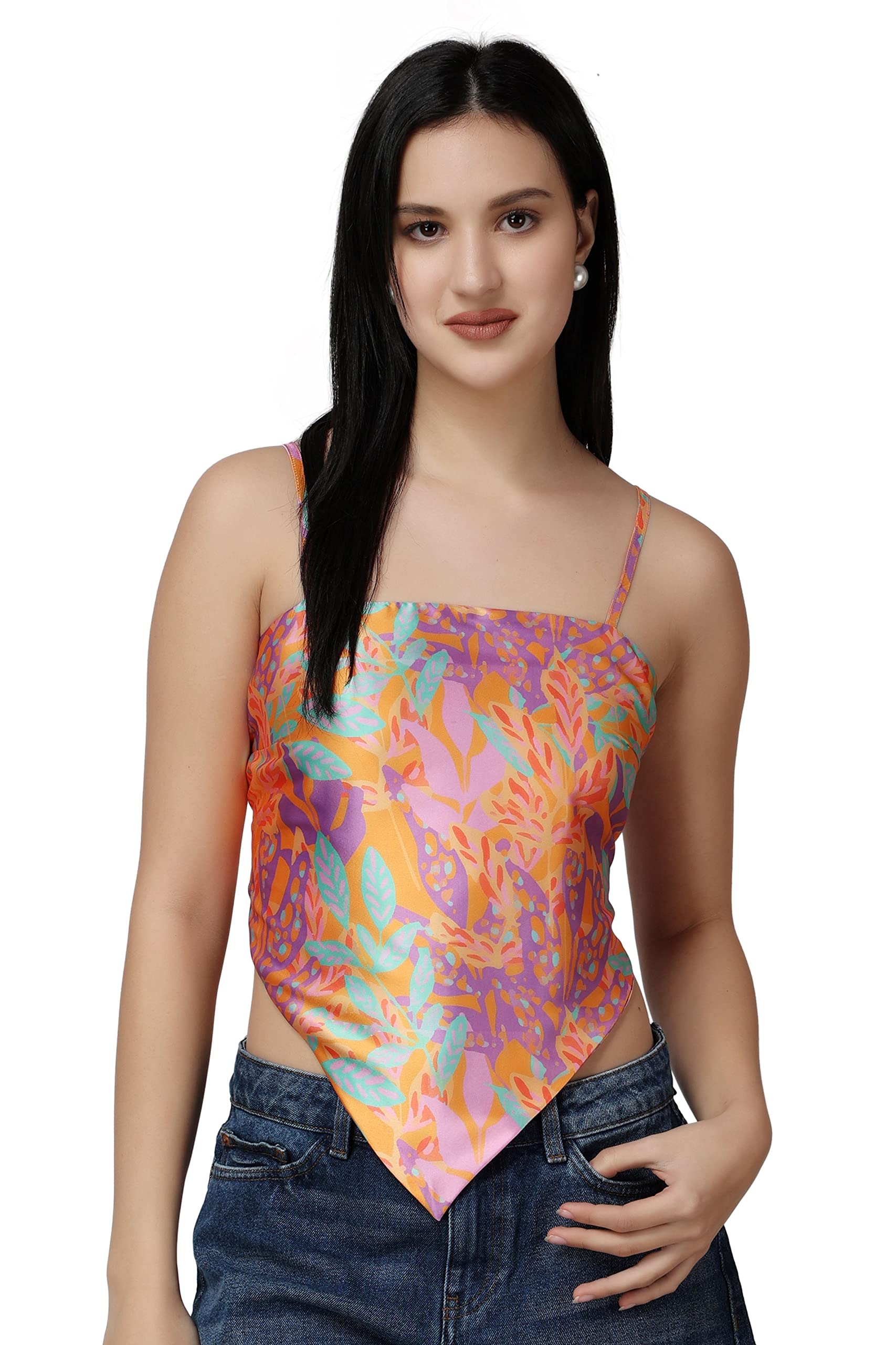 POPWINGS Women Casual Multicolor Printed Regular Satin Scarf Knot Solid Crop Top