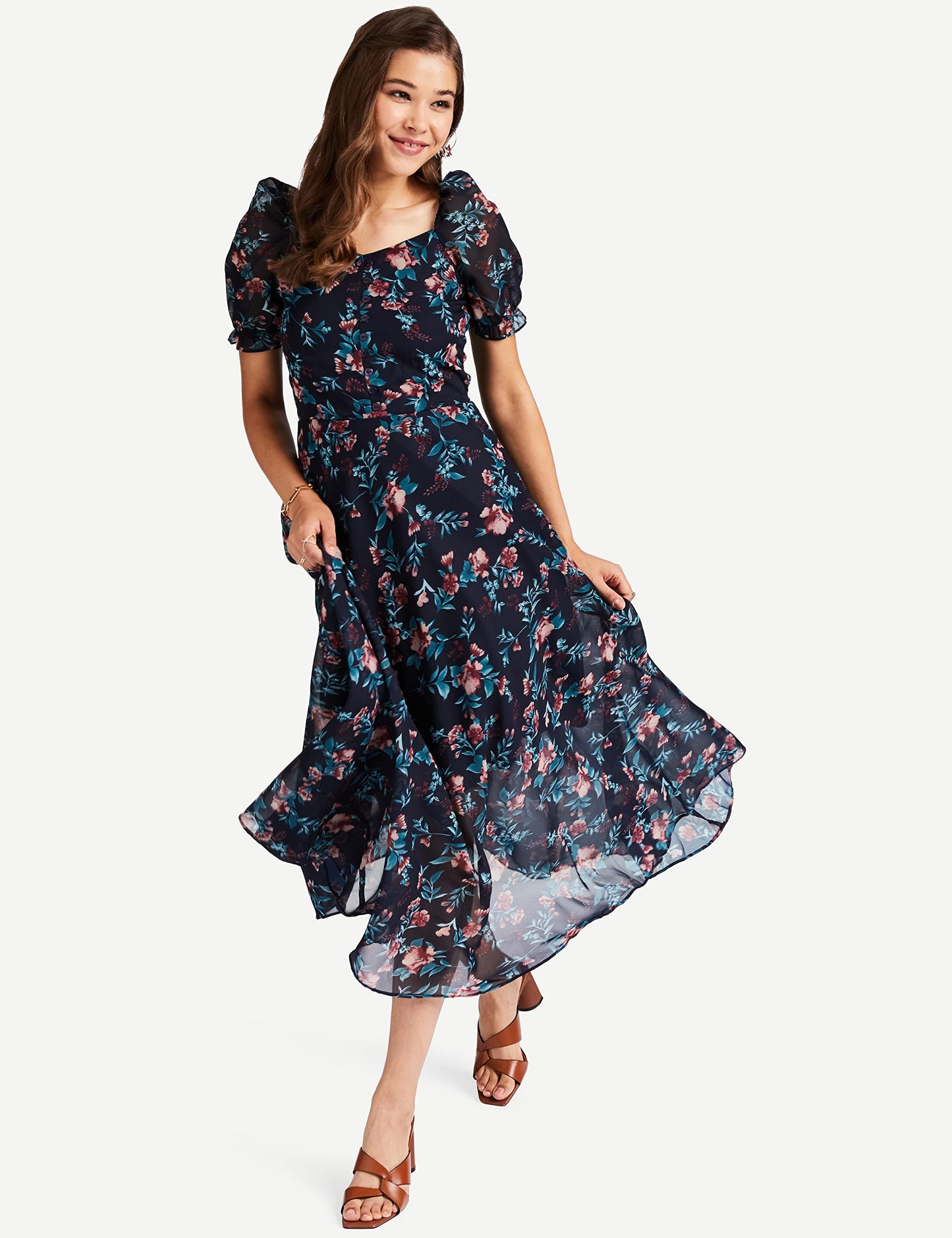 Rare Women'S Georgette Fit And Flare Maxi Casual Dress (Ep6218_Blue)