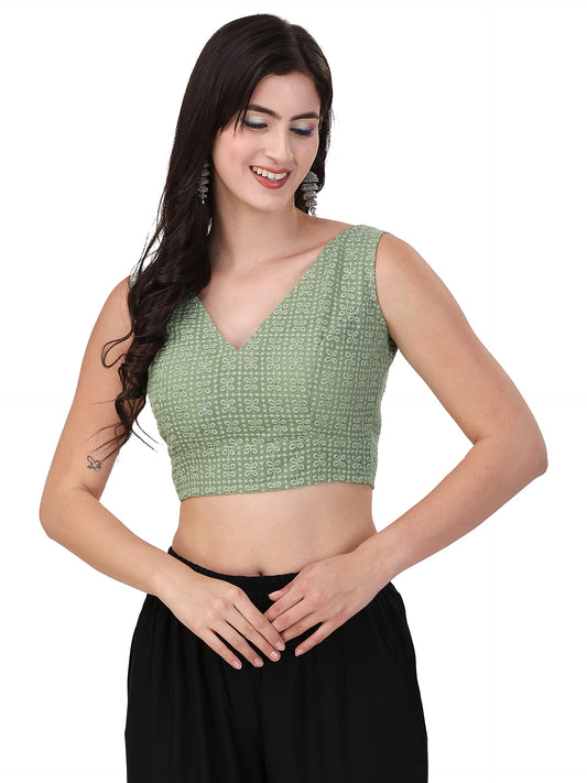 OOMPH! Womens Indian Ethnic Wear Designer Square Leaf Pattern V Neck Sleeveless Cotton Pista Blouse for Saree or Lehnga and Blo