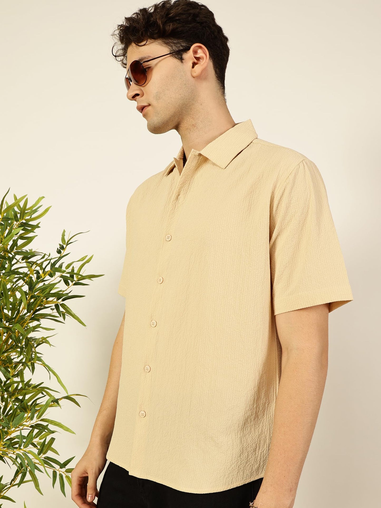 Thomas Scott Regular Fit Self Design Textured Cuban Collar Casual Shirt for Mens Beige