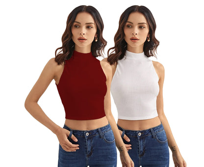 Shasmi Womens & Girls Solid Ribbed Round Neck Collarless Sleeveless Slim Fit Simplicity Tank Tops (Pack of 2) (TOP 37 Maroon W