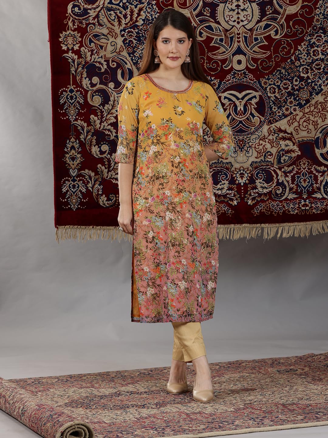 Aurelia WomenS Floral Printed Straight Kurta | Lightweight Round Neck Kurta For Women | Printed Kurta For Women | Beautiful Regu