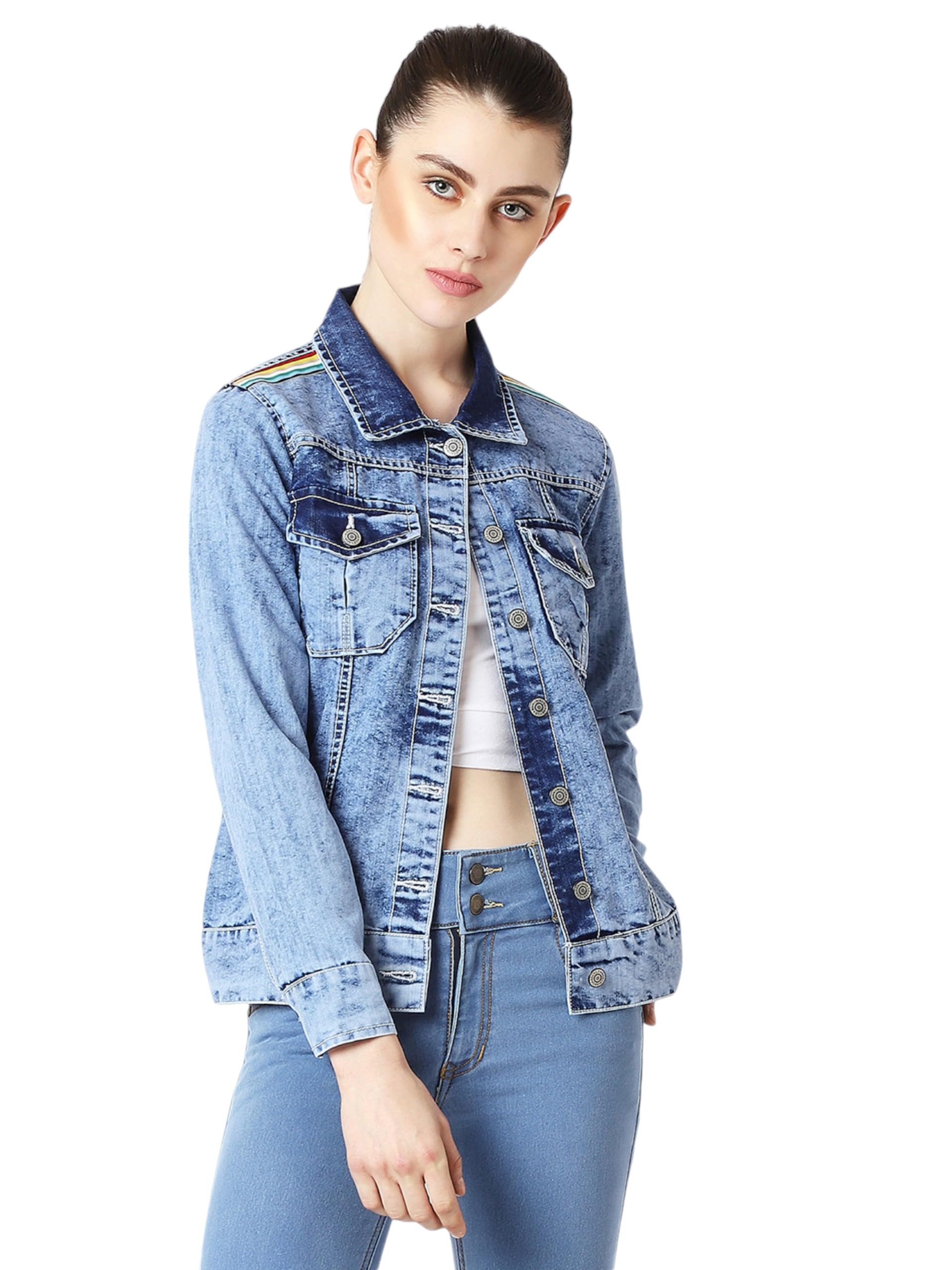 Miss Chase Womens Collared Full Sleeve Solid Denim Jacket (MCAW19DEN05-56-422-06, Spanish Blue, XL)