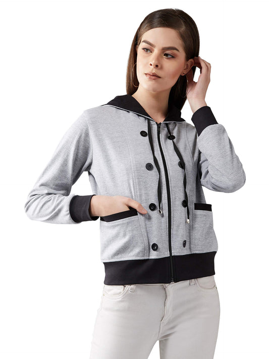 Dolce Crudo Womens Grey Hooded Full Sleeves Solid Drawstring And Eyelet Detailing Regular Length Jacket( DOAW19JKT02-90-17-05_G