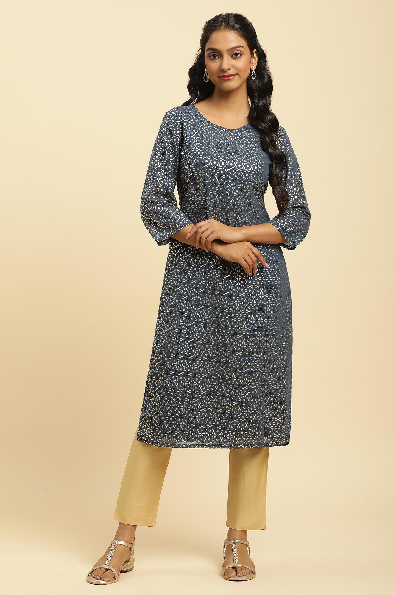 W for Woman Women's Polyester Geometric Regular Kurta