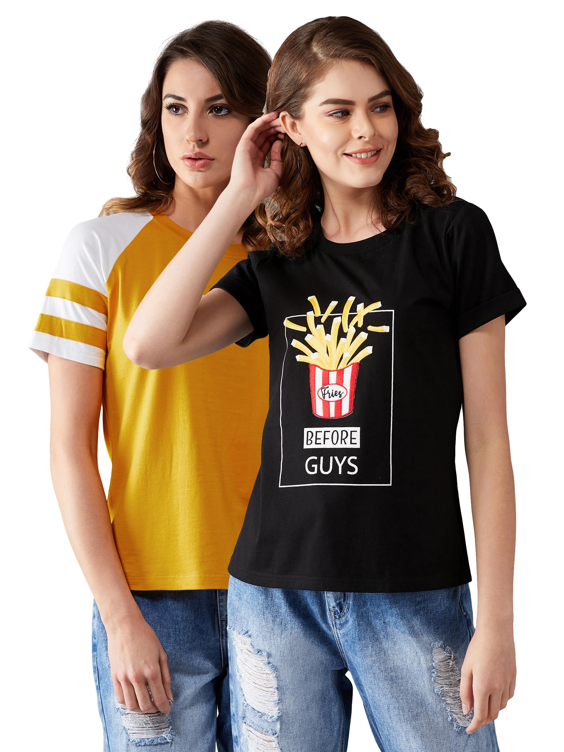 Miss Chase WomenS Cotton Knitted Regular Length Round Neck Basic Solid & Printed Pack Of Two T-Shirt. (Mcss20Co04-33-210-03, Bl