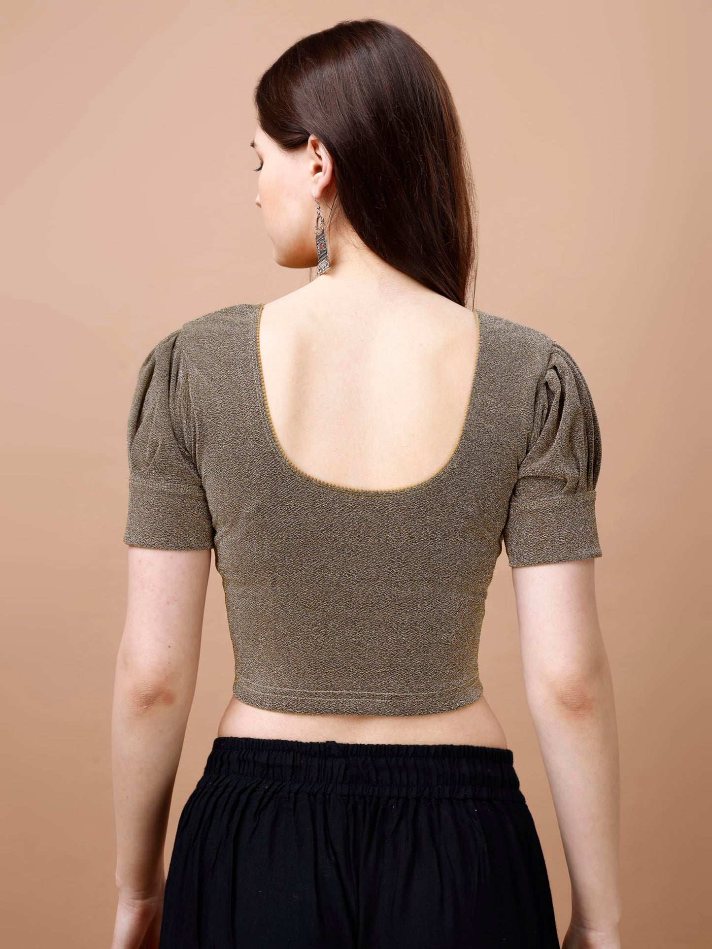 Pujia Mills WomenS Readymade Shining Lycra Stretchable Round Neck Half Puff Sleeve Blouses Lycra Stretchable Off Gold Color Blo