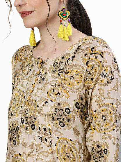 ishin Women's Rayon Off White & Mustard Zari Embellished A-Line Kurta Sharara Dupatta Set