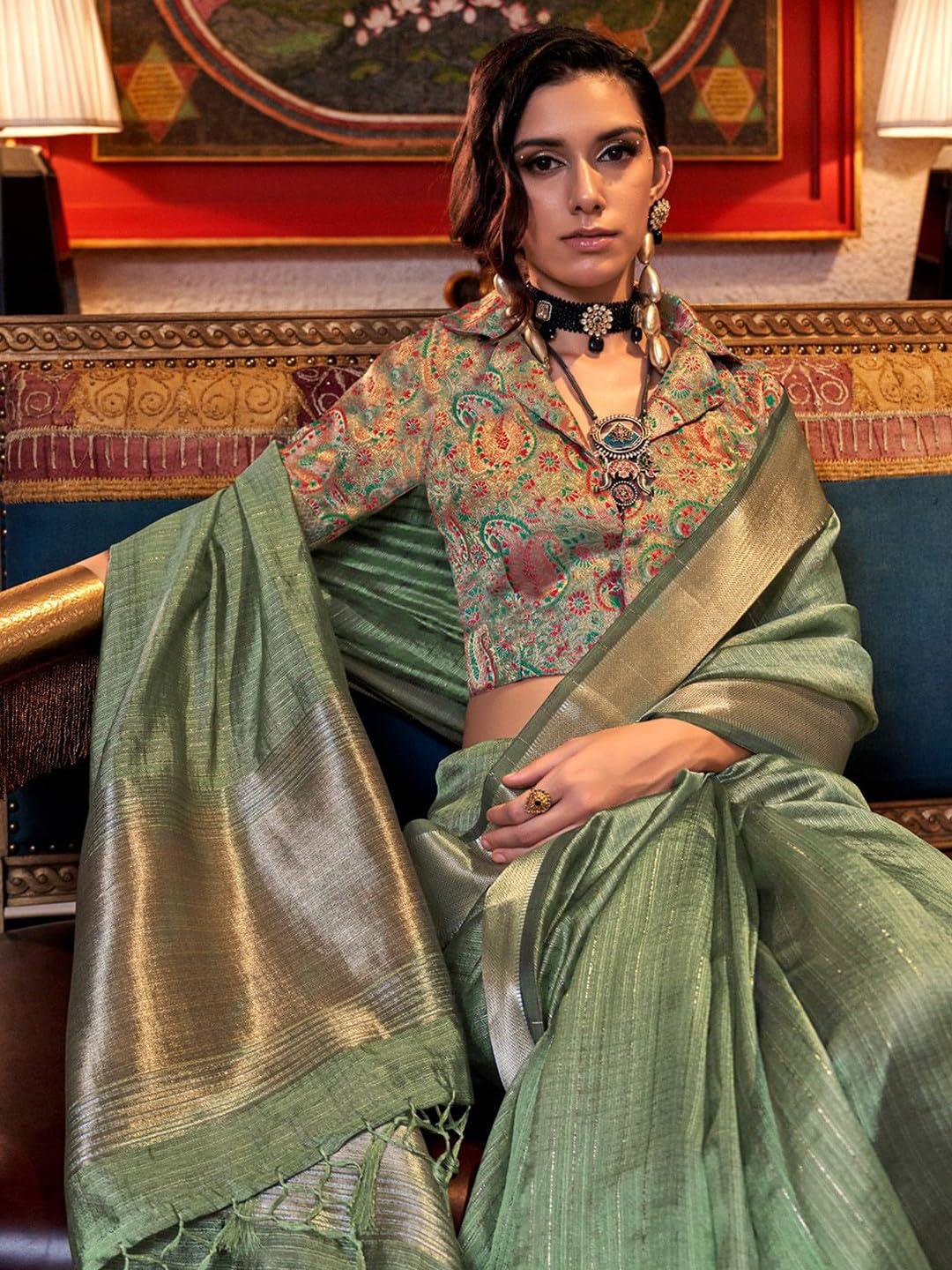 Madhuhansh Womens Soft Linen Saree With Unstitched Multicolor Paisley Blouse Piece Saree With Satin Border Comfortable Skin Frie