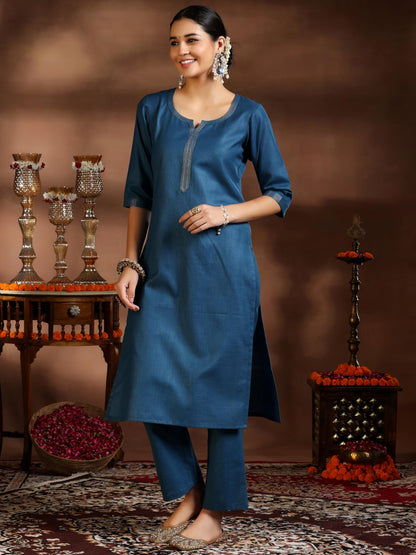 Libas WomenS Silk Blend Solid Kurta Set (39054_Teal