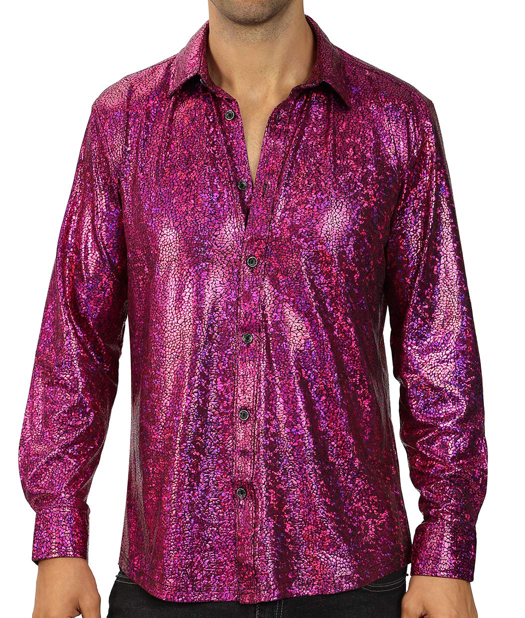 WULFUL Men Dress Shirt Sequins Long Sleeve Button Down Shirt Luxury Disco Party Nightclub Christmas Prom Costume