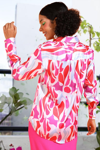 POPWINGS Printed Full-Sleeves Regular-Fit Satin Printed Shirt for Women Stylish Western Casual Wear Pink