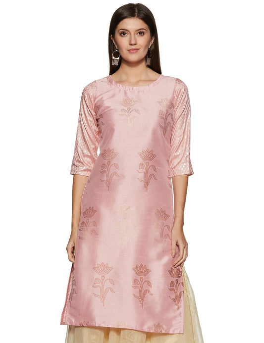 ZIYAA Women's Synthetic Straight Ethnic Kurta (ZIKUPS2068-S_Pink_Small)