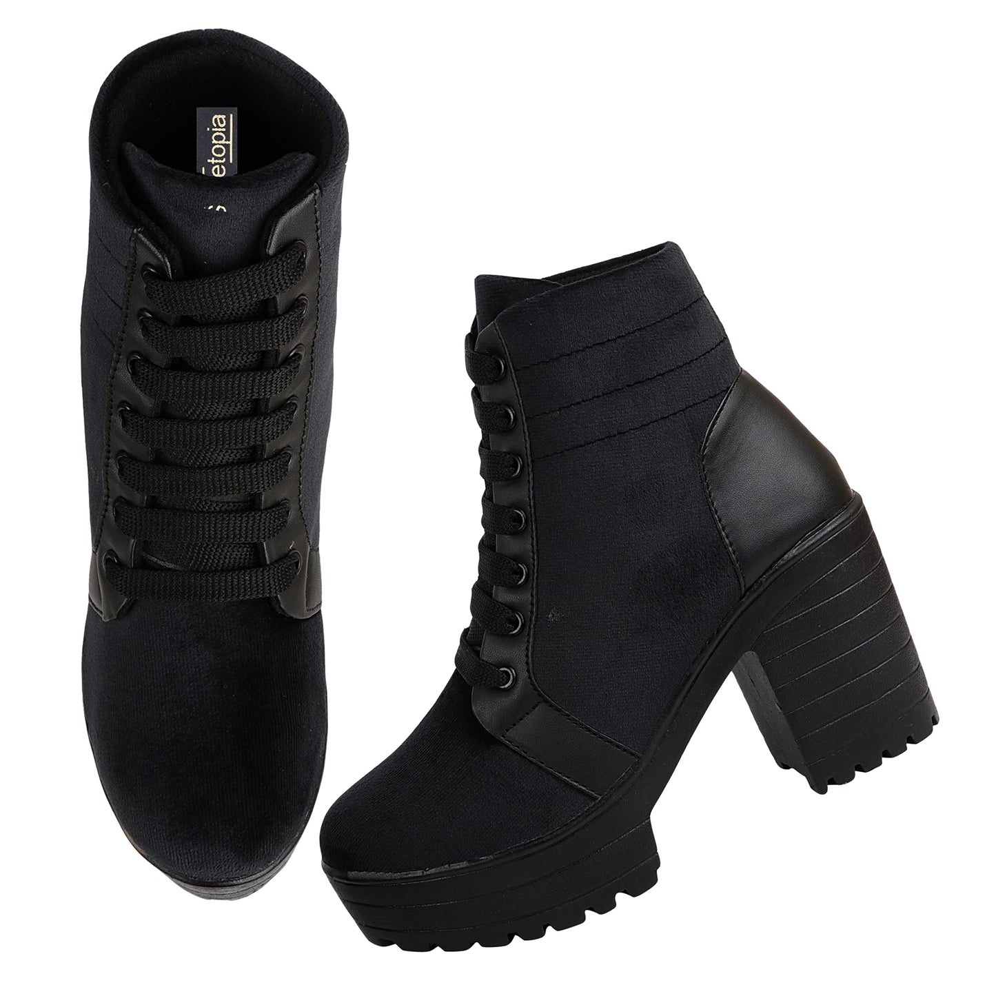 Shoetopia Women Black Block Heeled Lace Up Boot