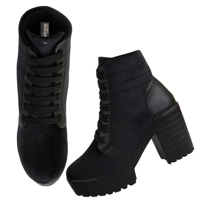 Shoetopia Women Black Block Heeled Lace Up Boot