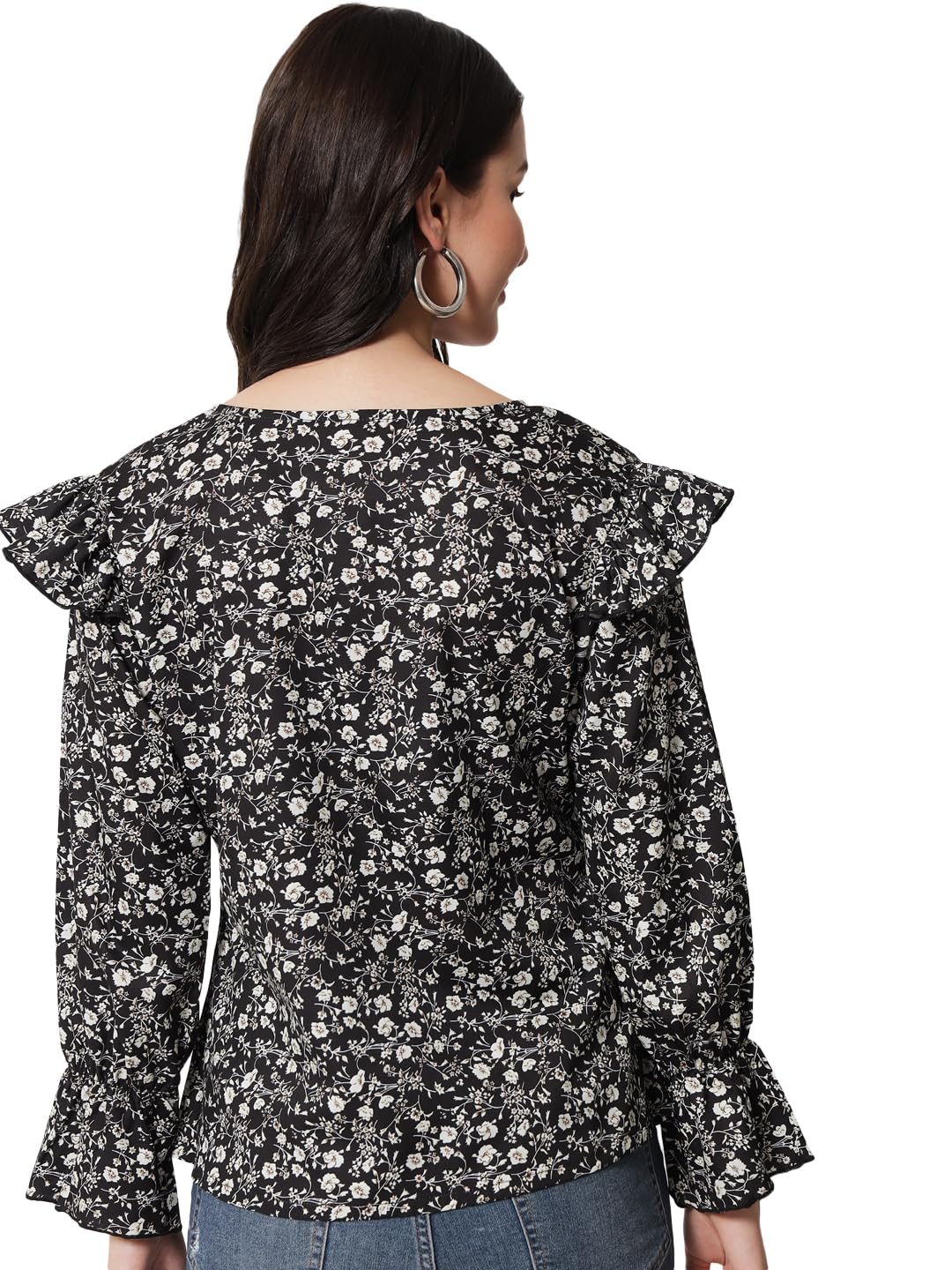 Kotty WomenS Casual Bishop Sleeve Embellished Black Top