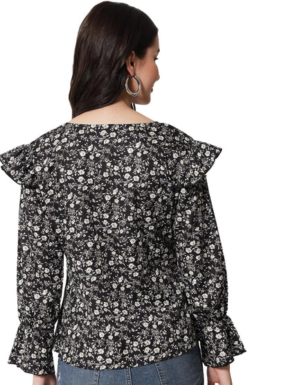 Kotty WomenS Casual Bishop Sleeve Embellished Black Top