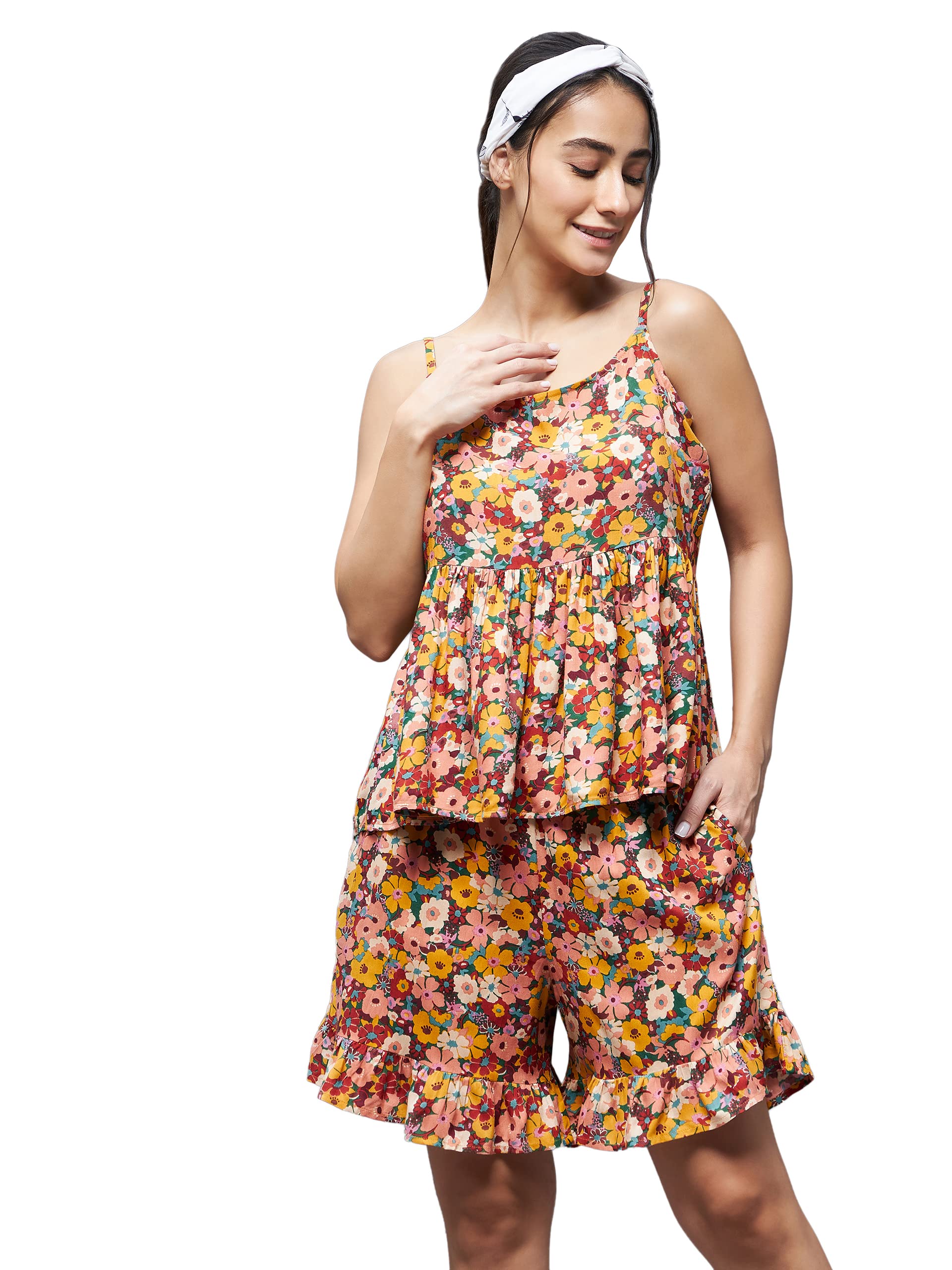 Miss Chase Womens Multicolour Round Neck Sleeveless Floral Ruffled Hem Short Top & Shorts Sets (MCSS22NW05-18-224-06, Multicolo