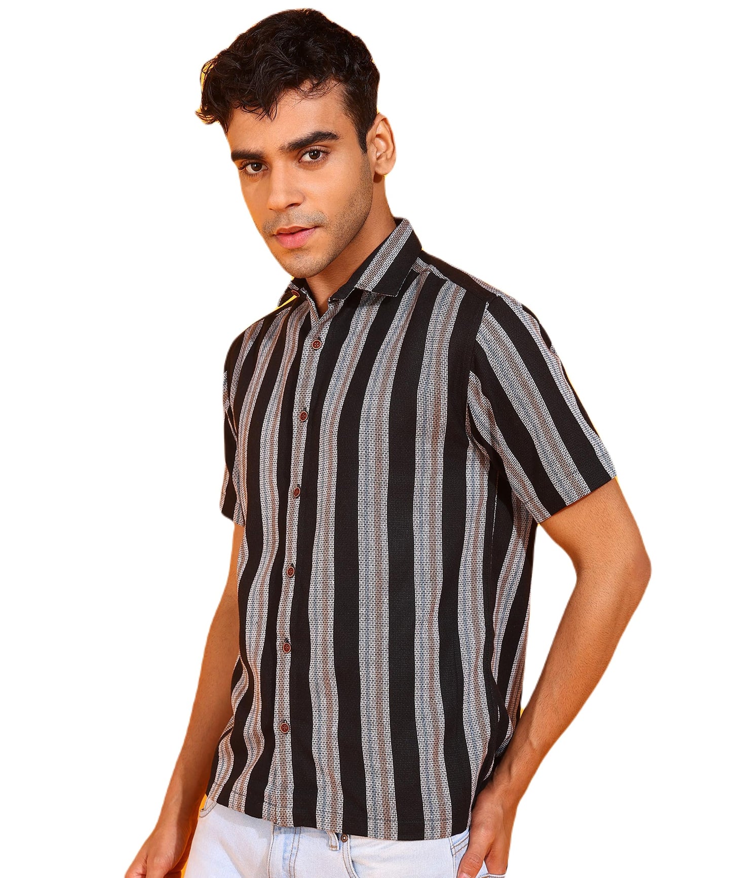 Mildin MenS Cotton Blend Striped Printed Shirt With Spread Collared Neck Half Sleeve Button Closure Regular Fit Straight Standa