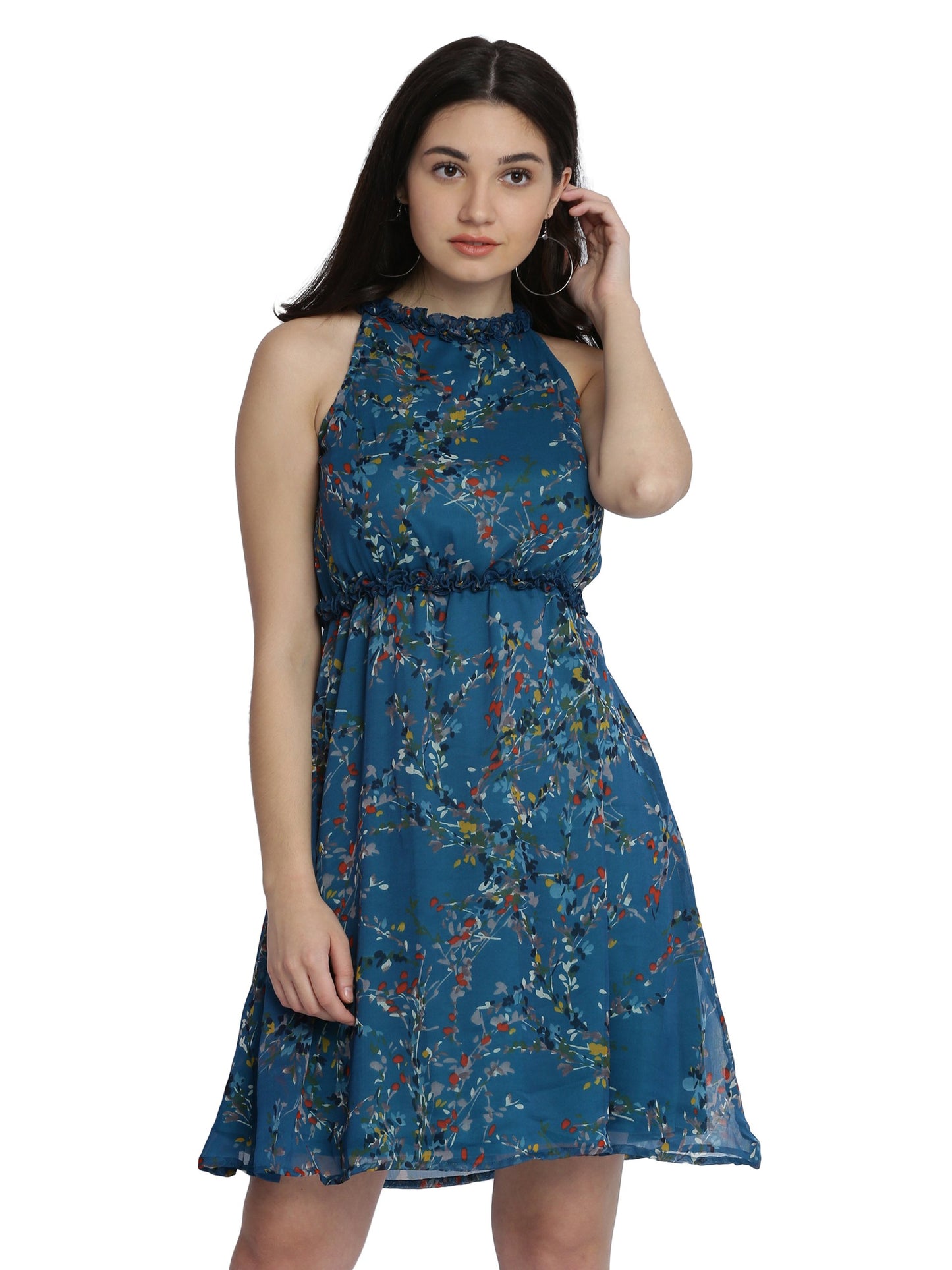 Miss Chase WomenS Multicolored Floral Print Skater Dress(Mcaw17D09-75-176-06_Multicolored-Base Turquoise_X-Large)