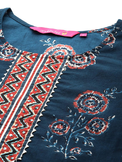 anubhutee Women's Pure Cotton Floral Printed Navy Blue Straight Kurta Suit Set With Trousers Dupatta
