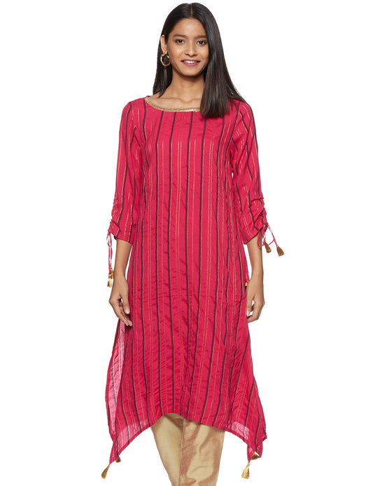 Aurelia Womens Round Neck Stripe Embellished Asymmetrical Kurta