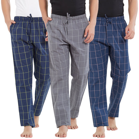 XYXX Mens Super Combed Cotton Checkered Checkmate Pyjamas [Pack of 3] Elasticated Waist, Drawstring | Loungewear for Men in Pin