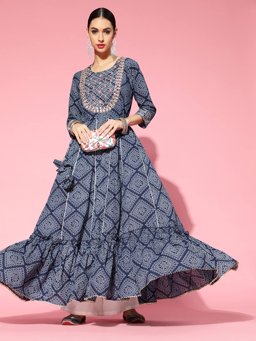 ishin Women's Cotton Blend Blue Embroidered Anarkali Bandhani Kurta