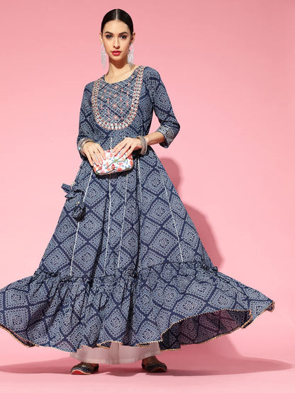ishin Women's Cotton Blend Blue Embroidered Anarkali Bandhani Kurta