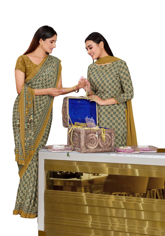 Vimla WomenS Crepe Silk Printed Uniform Unstitched Salwar Suit And Saree With Unstitched Blouse Piece | Crepe Silk Sarees For W