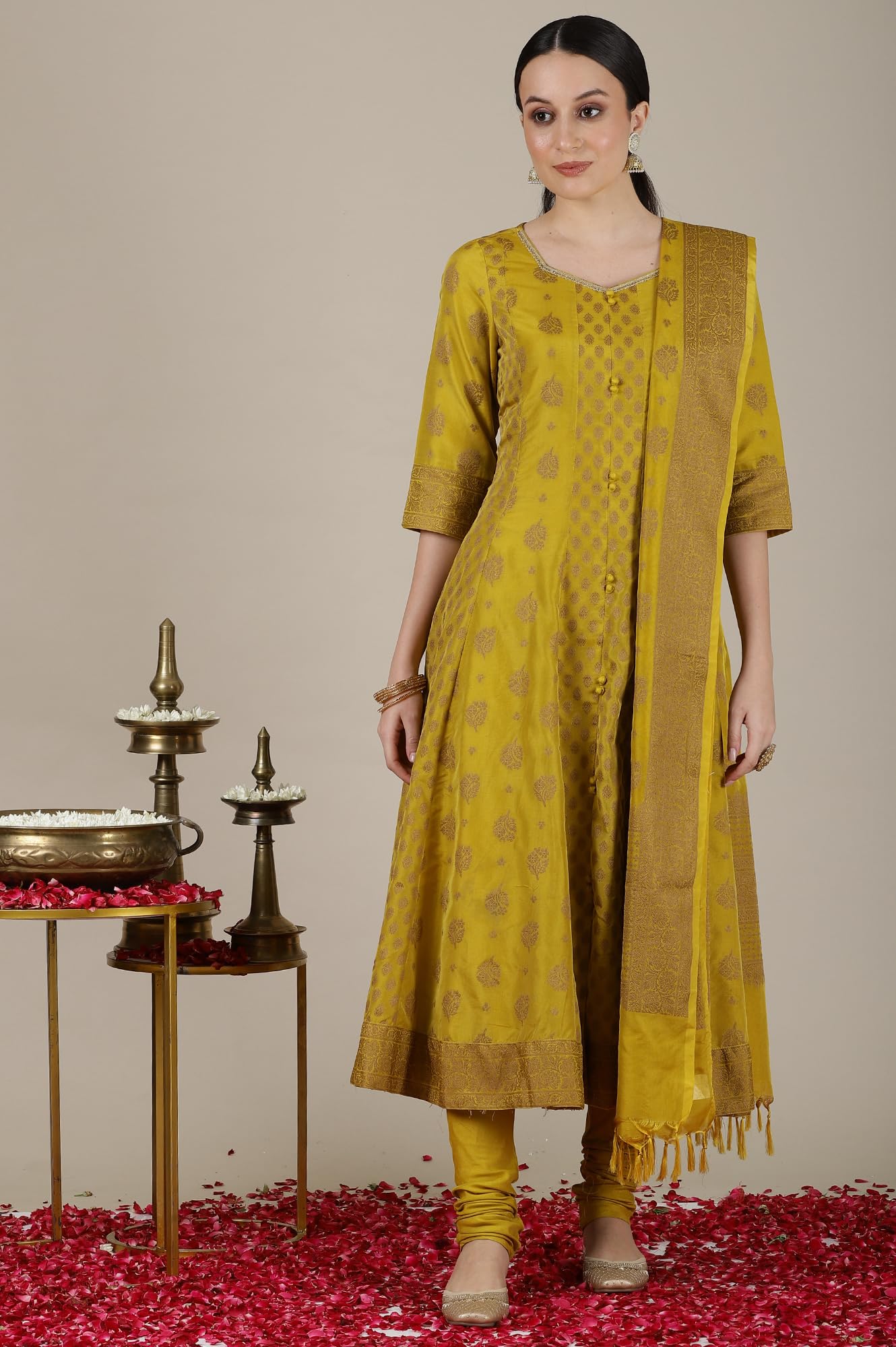 Aurelia Women? Abstract Printed Flared Kurta Set with Churidar and Dupatta for Women