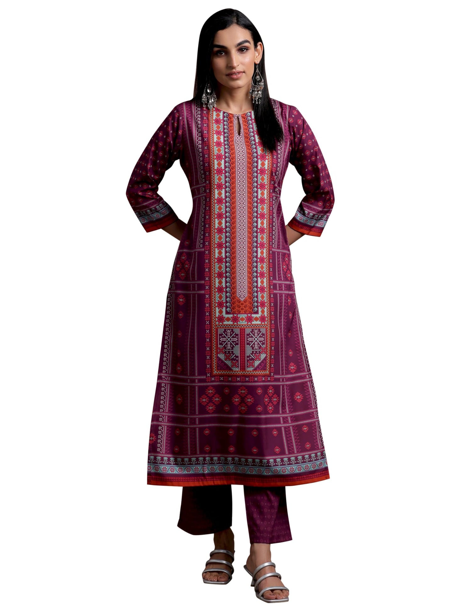 Libas Womens Printed Crepe Straight Kurta With Trousers