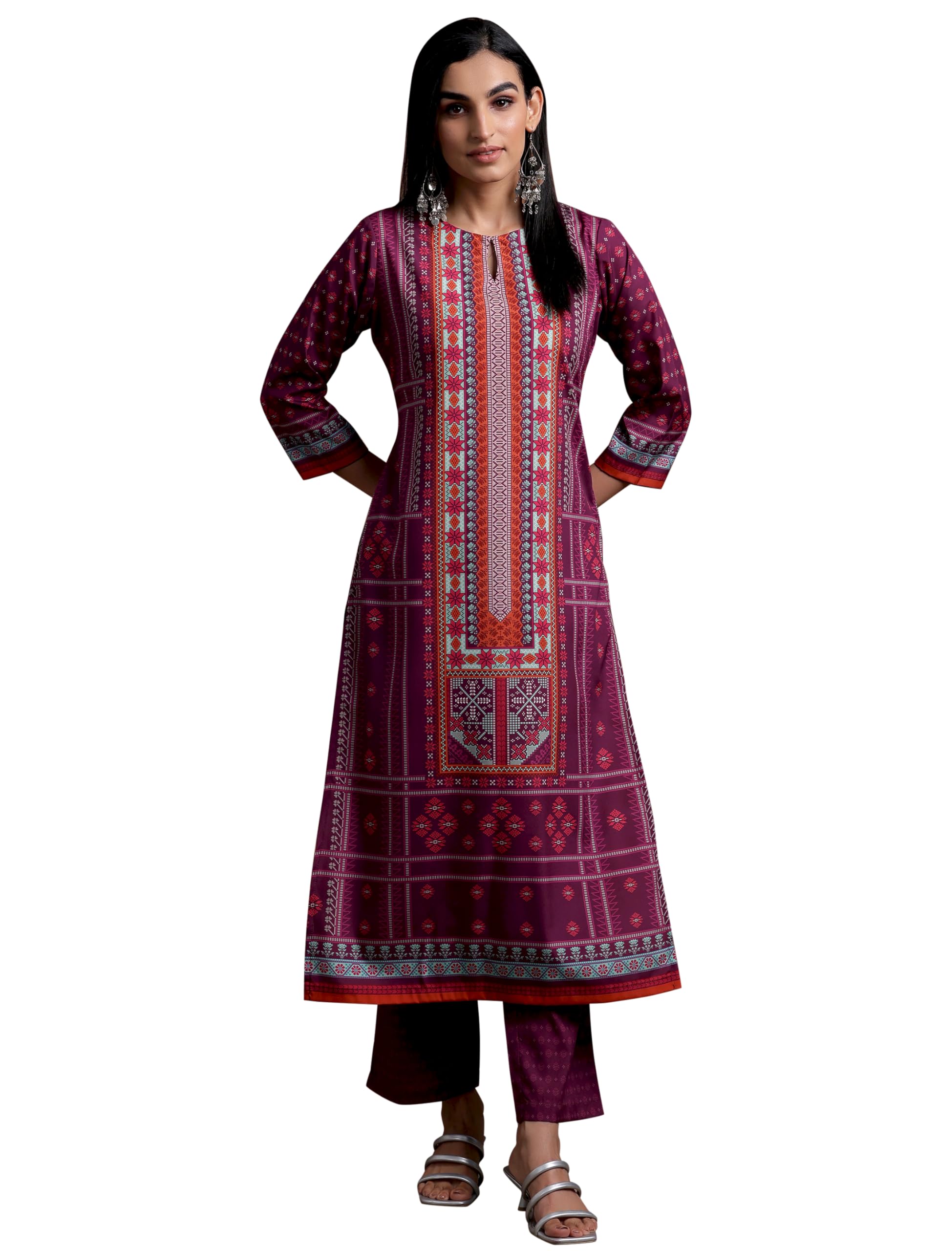 Libas Womens Printed Crepe Straight Kurta With Trousers