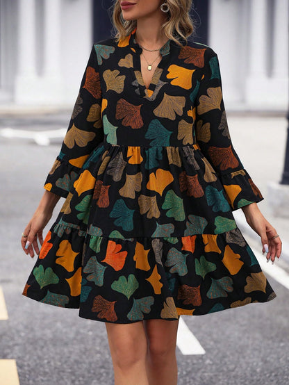 Shasmi GirlS & WomenS Black V-Neck Allover Leaf Print Ruffle Hem Smock Gathered Ruffle Long Sleeve A-Line Midi Dress Full Prin