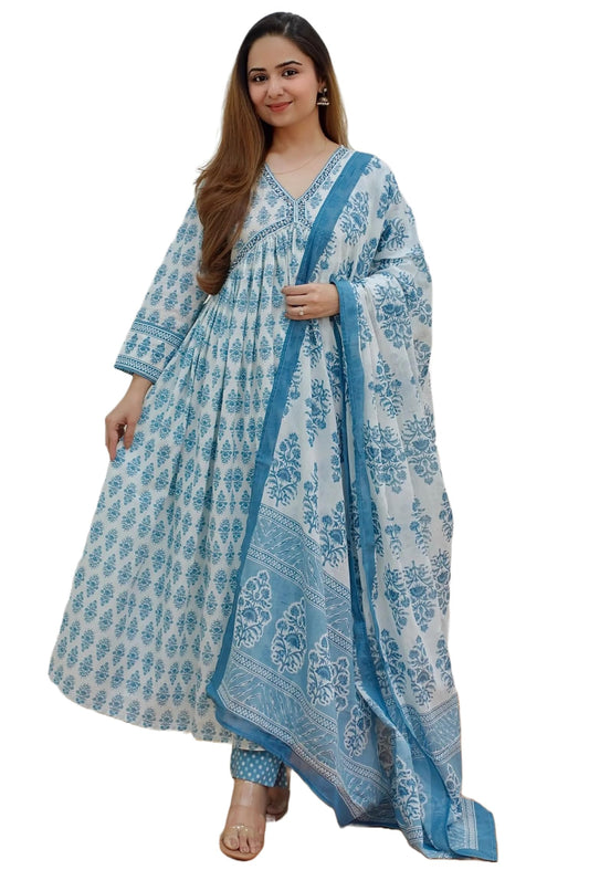 KLOSIA Women Viscose Anarkali Printed Kurta and Pant Set with Dupatta