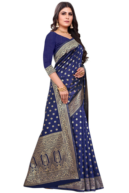 Shasmi Sarees Womens Art Silk Navy Blue Kanchipuram Saree (SAN PARI 124 N BLUE)
