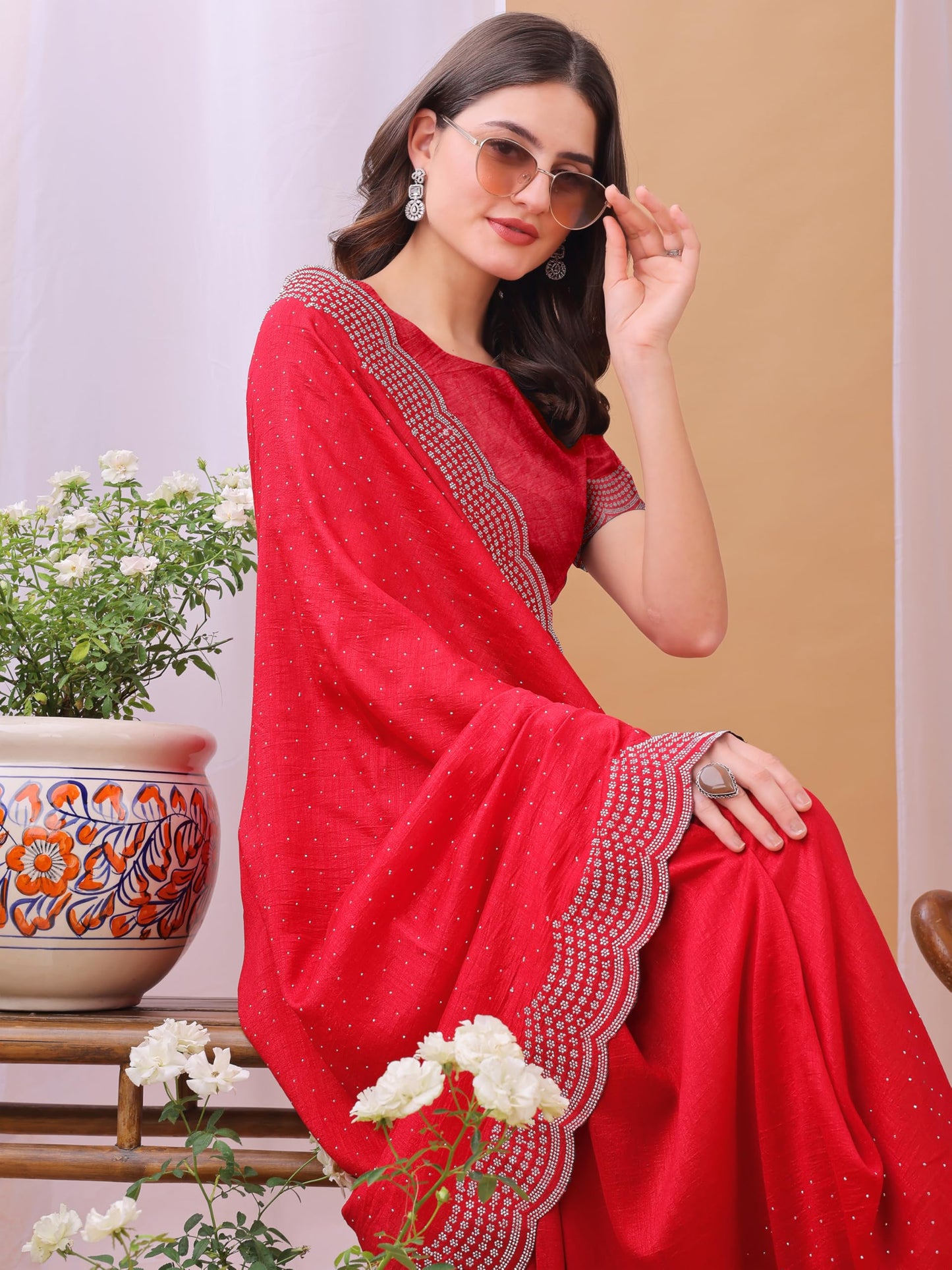 Dhyey Fashion WomenS Chiffon Saree With Unstitched Blouse Piece With Stone Work And Sparkle | Sari For Women Chiffon Saree | Sp