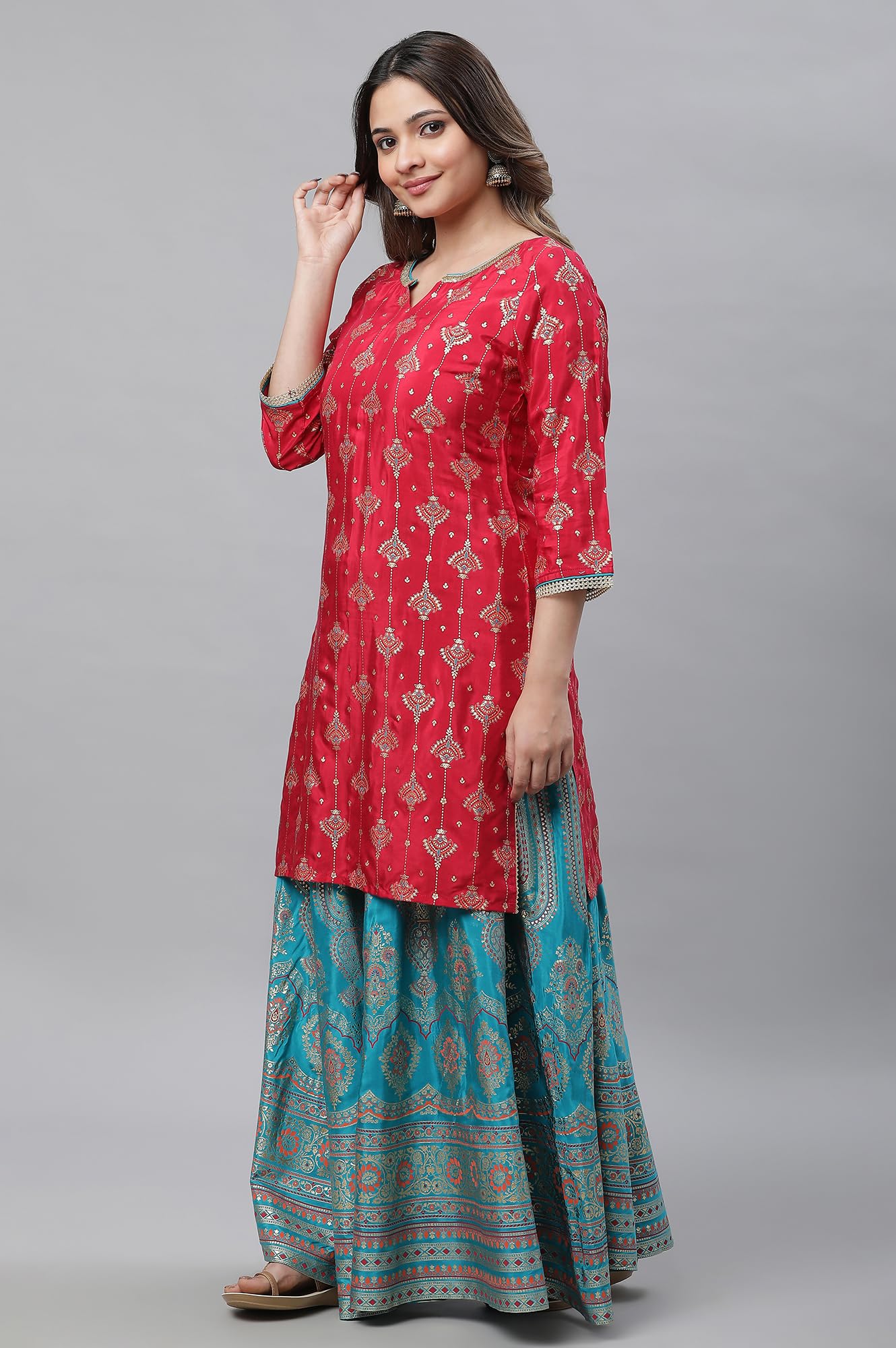 Aurelia Women's Red Shantung Printed Festive Kurta, Skirt and Dupatta Set